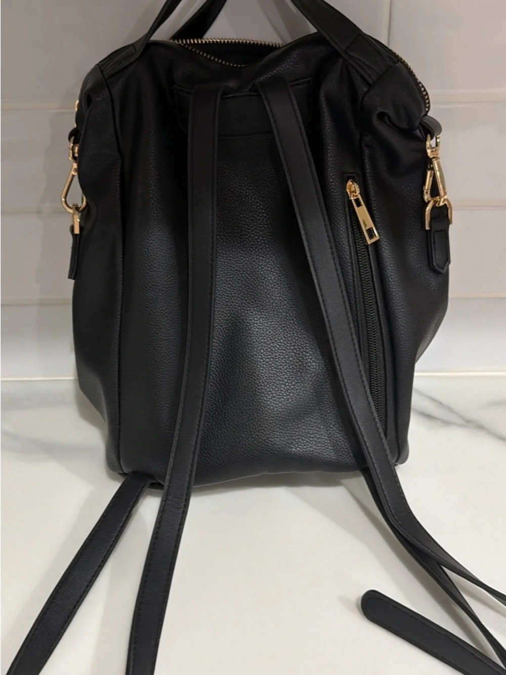 a new day Black Pebbled Faux Leather Backpack with Gold Accents